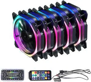 120mm RGB Color Case Fans 11- Blades Quiet Computer Cooling PC Fans RGB Color Changing LED Fan with Remote Control Music Rhythm Sync & ARGB Motherboard Sync (5 Pack Fan+Music Controller)