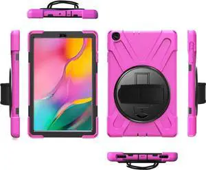 Shockproof Case Full-Body Heavy Duty Cover Stand with Shatterproof Ceramic Screen Protector for Samsung Galaxy Tab A 10.1 2019 T510 T515 (Hot Pink)