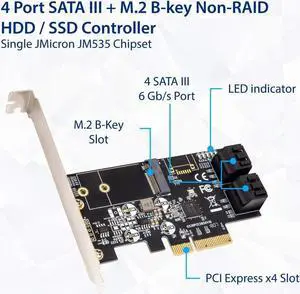 Internal 4 Port Non-Raid SATA III 6GB/S with M.2 B-Key 22x42 Pci-E X4 Controller Card for Desktop PC Support SSD and HDD with Low Profile Bracket. JMB585 Chipset