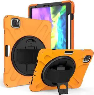 Shockproof Case Full-Body Heavy Duty Cover Stand with Shatterproof Ceramic Screen Protector for Apple iPad Pro 11 2020 (Orange)