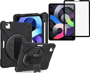 Shockproof Case Full-Body Heavy Duty Cover Stand with Shatterproof Ceramic Screen Protector for Apple iPad Air 4 10.9 2020 (Black)