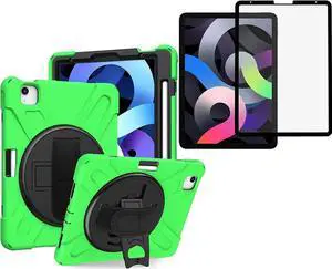 Shockproof Case Full-Body Heavy Duty Cover Stand with Shatterproof Ceramic Screen Protector for Apple iPad Air 4 10.9 2020 (Green)
