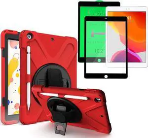 Shockproof Case Full-Body Heavy Duty Cover Stand with Shatterproof Ceramic Screen Protector for Apple iPad 10.2 7th 8th Gen (Red)