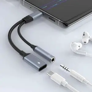 USB Type C to 3.5mm Headphone and Charger Adapter, 2-in-1 USB C PD 60W Charging Port to Aux Audio Jack and Fast Charging Dongle Cable Cord Compatible with Galaxy S23 Ultra S22 S21 Google Pixel 7 6 5