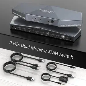 2 PCs Dual Monitor KVM Switch 4K, HDMI KVM Switch Dual Monitor Suitable for 2 Computers + 2 Monitors with Audio, USB Powered, Hotkey Switch, 4K Monitor hdmi Switch with Cables