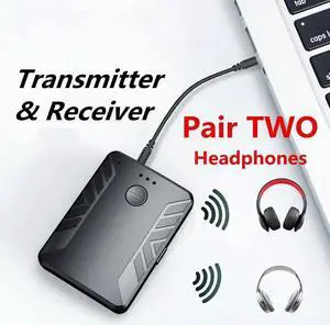Bluetooth 5.0 Audio Transmitter Receiver Pair with TWO Headphones 3.5mm AUX RCA Wireless Adapter for TV PC Car Speaker