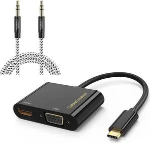 USB C to VGA HDMI Adapter Bundle with 1.5FT 3.5mm Aux Cable