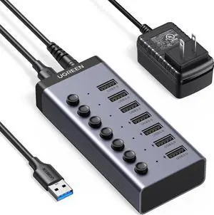 USB 3.0 Hub, 7-Port USB Adapter with 4 Smart Charging Ports, USB Splitter with Individual Led On/Off Switches and Power Adapter, USB Ports Extender for Laptop PC
