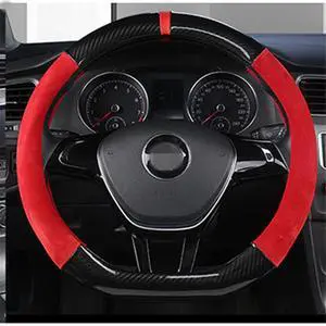 Acaigel D Shape 38CM Race Car Steering Wheel Cover Black Red Gloss Carbon Fiber Leather