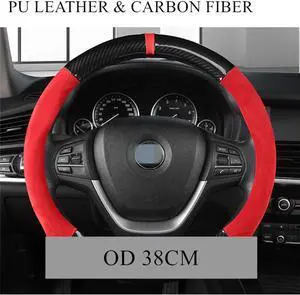 Paiying D Shape 38CM Race Car Steering Wheel Cover Black Red Gloss Carbon Fiber Leather