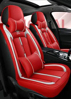 Paiying Red PU Leather Car Seat Cover Set Front + Rear Cushion with Pillows US Paiying Red PU Leather Car Seat Cover Set Front + Rear Cushion with Pillows US