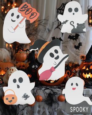 Halloween Decorations Indoor 5 PCS Cute Ghost Decorations Indoor Tray Decor Table Sign Set Cat Bat Witch Broom Signs Pumpkin Blocks for Party Home Shelf Display