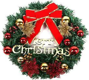 SAKURA 12.5 inch Artificial Pine Christmas Wreath, Garland with Bowknot, Bells, Deer, Red Berries, Flower Gifts for Christmas Party Decor, Front Door Window Wreath