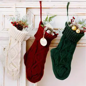 3 Pack 13 Inch Holiday Classic Solid Color Christmas Knit Stockings, White, Red and Green for Gift Stuffers Mantel Decoration