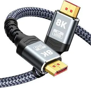 VESA Certified DisplayPort Cable 1.4 8K DP Cable 6.6FT (8K@60Hz 4K@144Hz 1080P@240Hz) HBR3 Support 32.4Gbps HDCP 2.2 HDR10 FreeSync G-Sync for Gaming Monitor 3090 Graphics PC (Grey)