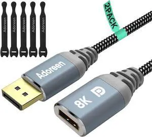 8K DisplayPort Extension Cable 1.5 Feet/2 Pack Braided DP to DP Extended 1.4 Cord (from 0.6-25ft) Male to Female (8K@60Hz 4K@144Hz 2K@240Hz) Extender Display Port with 5 Ties