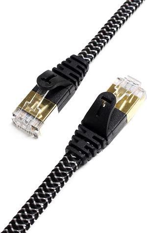 Tera Grand - 50FT - CAT7 10 Gigabit Ethernet Ultra Flat Patch Cable for Modem Router LAN Network - Braided Jacket, Gold Plated Shielded RJ45 Connectors, Faster Than CAT6a CAT6 CAT5e, Black & White