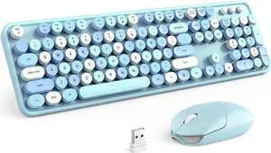 MOFII Wireless Keyboard and Mouse Combo, Blue Retro Wireless Keyboard with Round Keycaps, 2.4GHz Dropout-Free Connection, Cute Wireless Mouse for PC/Laptop/Mac/Windows XP/7/8/10 (Blue-Colorful)