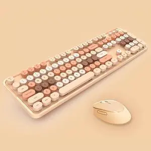 2.4G Full-Size Wireless Keyboard and Mouse Combo, Multi-Color Typewriter Style Round Keycap, Cute Candy Colors, Compatible with Notebook, PC (Milk Tea)