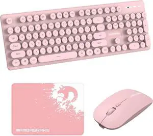 Wireless Keyboard and Mouse Combo, Retro Typewriter Keyboard Wireless 104 Keys Full Size with Silent Round Keycaps, Bluetooth 5.1 & 2.4G Wireless Dual Mode Rechargeable Compatible PC/Laptop/Mac (Pink)