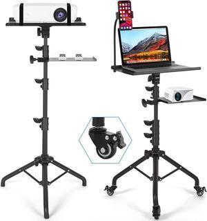 Projector Stand with Wheels, Laptop Tripod Stand with Phone Holder, Rolling Laptop Tripod with Mouse Tray, Adjustable & Portable Tripod for Sheet Music, DJ
