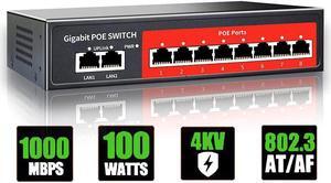 8 Port Gigabit PoE Switch with 2 Gigabit Uplink,802.3af/at Compliant,100W Built-in Power,Unmanaged Metal Plug and Play