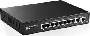 10 Port Gigabit PoE Switch 8 Port PoE+ and 2 Uplink 10/100/1000Mbps IEEE802.3af/at Max 96W Fanless Unmanaged Plug&Play Ethernet Switch
