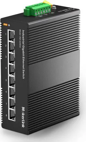 MokerLink 8 Port Gigabit Industrial DIN-Rail Ethernet Switch, 16Gbps Switching Capacity, IP40 Rated Unmanaged Network Switch (-40 to 185°F), with UL Power Supply