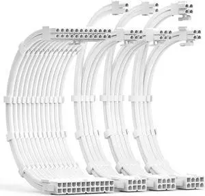 PSU Cable Extension Kit 30CM Length with Cable Combs 1x24Pin/1x8Pin(4+4) EPS/2x8Pin(6P+2P) PCI-E/PC Sleeved Cable for ATX Power Supply(White)