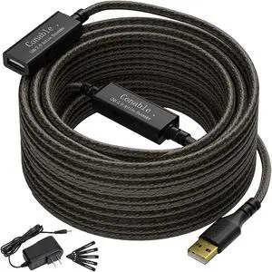 Active USB Extension Cable 100 Feet, USB 2.0 A Male to Female Repeater Cord, with 2 Extension Chipsets Signal Booster, 22AWG Tinned Pure Copper, (AC Power Supply Included)