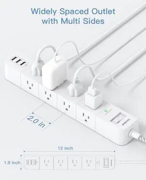 Power Strip Surge Protector - 8 Widely AC Outlets 3 USB, 5 ft Extension Cord, Flat Plug, Desktop Charging Station with Overload Protection, Wall Mount for Home, Office, Travel, Computer ETL Listed
