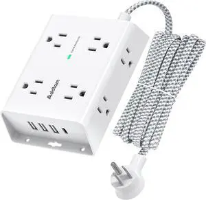 10Ft Long Surge Protector Power Strip, Addtam Extension Cord with 8 AC Outlets and 4 USB Ports(1 USB C), 3-Side Outlet Extender Strip, Flat Plug, Wall Mount, Dorm Home Office Essential, ETL Listed