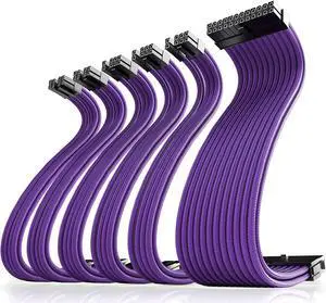 Asiahorse Power Supply Sleeved Cable for Power Supply Extension Cable Wire Kit 1x24-PIN/ 2x8-PIN (4+4) M/B 3x8-PIN (6+2) PCI-E 30cm Length with Combs(PUEPLE-6KIT)