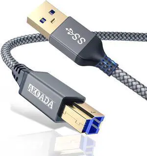 AkoaDa USB A to USB B 3.0 Cable (10FT), Durable Nylon Braided Type A to B Male Cable Compatible with Printers, Monitor, Docking Station, External Hard Drivers, Scanner, USB Hub and More Devices(Grey)