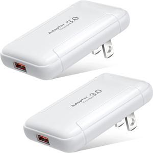 Slim Flat USB Wall Charger 2 Pack 18W GaN Tech Fast Charge 3.0 Port Fast Charging Block with Foldable Plug Compatible for  Galaxy S10 S9 iPhone 11 Xs XR X Wireless Charger (White)