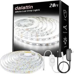 White LED Strip Lights 20ft Dimmable Super Bright 24V Led Tape Light 6500K 360 LEDs Lights for Bedrooms Mirror Kitchen Home Decoration Daylight White