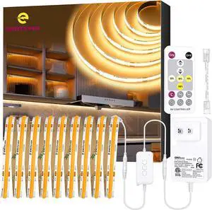 LED Strip Light Warm White 3000K 16.4ft 24V DC COB Dimmable Tape Lights with RF Controller Premium High Density Power Adapter 1600LEDs Suitable for Bedroom Kitchen Cabinets Indoor Use