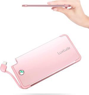 Luxtude 5000mAh Portable Charger for iPhone, Ultra Slim MFi Apple Certified Battery Pack Built in Lightning Cable, Fast Charging Power Bank for iPhone 13/12/11 Pro/X/XR/XS Max/8/7/6S, Rose Gold Pink.
