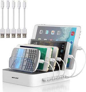 Charging Station for Multiple Devices, MSTJRY 5 Port Multi USB Charger Station with Power Switch Designed for iPhone iPad Cell Phone Tablets (White, 6 Mixed Short Cables Included)