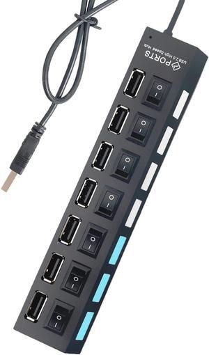 7-Port USB Hub 2.0, USB Hub USB Splitter with Individual Switches for Laptop, Computer, Keyboard and Mouse, USB Devices (Black)