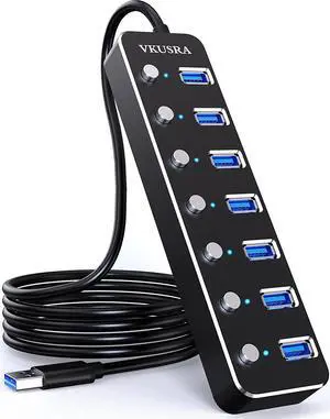 USB Hub, VKUSRA 7 Port USB Hub 3.0 with 4ft USB Long Cable, and Aluminum USB 3.0 Hub with Individual On/Off Switch and LED Indicator, USB Splitter for Laptop & PC, Power Adapter Not Included
