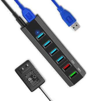USB Hub 6 Ports Super High Speed USB 3.0 Hub Splitter + 24W Power Adapter + USB 3.0 Cable Black Smart Fast Charger Powered USB Hub for Laptop Mac PC Mobile HDD Mulitple Devices