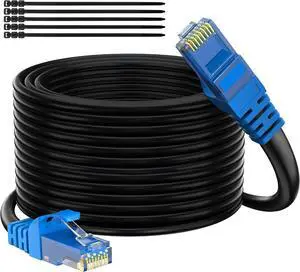 Cat 6 Outdoor Ethernet Cable 300 Ft Black, High Speed Heavy Duty Long Internet Network Cable for POE Camera Cat 5 5e RJ45 LAN Patch Cable Cord, Sturdy Waterproof Direct Burial+25 Ties