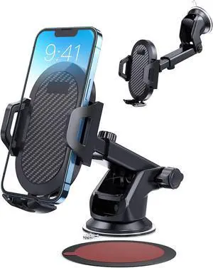 Car Phone Holder Mount [Strong Suction Cup] [Military Grade Durable] for Windshield and Dashboard Adjustable Long Arm Compatible with iPhone 16 15 14 Pro Max and All Smartphones Black