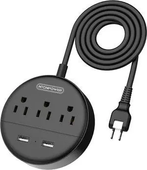 2 Prong Power Strip with 10ft Extension Cord, NTONPOWER 1875W/15A, 180° Rotating Plug, 2 Prong to 3 Prong Outlet Adapter, Wall Mountable, 3 AC Outlets & 2 USB, Ideal for Older House Office Desktop