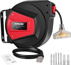 Himimi Retractable Extension Cord Reel, 50FT 14AWG/3C Power Cord Reel for Garage Workshop, Wall/Ceiling Mounted Extension Cord Reel, 3-Lighted Triple Outlets, UL Listed, 13A Circuit Breaker