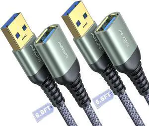 2 Pack USB Extensions Cable High Speed USB 3.0 Extension Cord Type A Male to Female Sturdy Braided Material Fast Data Transfer Compatible with USB Keyboard Mouse Flash Drive Grey 6.6FT+6.6FT