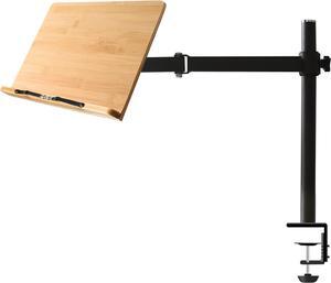 wishacc Bamboo Book Stand Height Adjustable with Clamp, Table Side Cookbook Rest - Desktop Reading Mount Holder with Sturdy Page Clips 11 x 8.1 inch