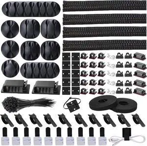 Cord Management Organizer Kit 4 Cable Sleeve Split with 41Self Adhesive Clips Holder 10pcs and 2 Roll Self tie 100 Fastening Ties for TV Office Car Desk Home Black
