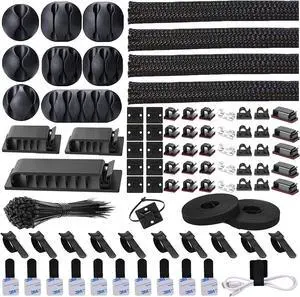192 PCS Cable Management Kit 4 Wire Organizer Sleeve 11 Cable Holder 35Cord Clips 10+2 Roll Cable Organizer Straps and 100 Fastening Cable Ties for Computer TV Under Desk black clear